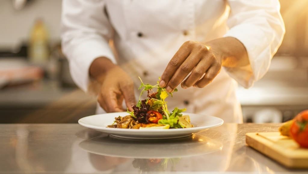 Chef plating a fresh salad in the kitchen